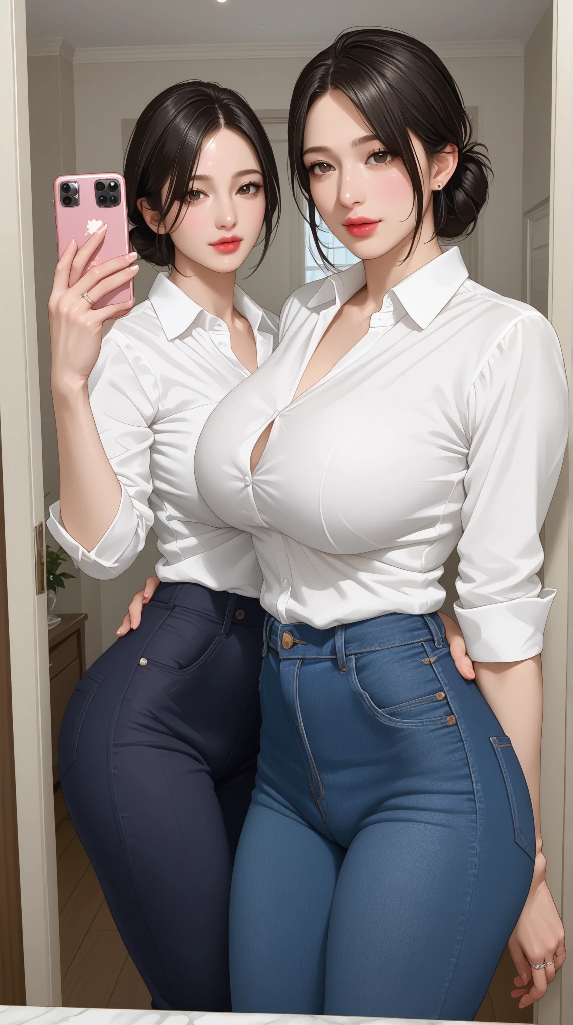 two beautiful sisters, size difference, the oldest has green eyes, the youngest has large and voluptuous breasts, sexy poses, living room background of a house, seductive looks, older sister is 165cm, younger sister is 155cm, home clothing style, Casual clothes, sexys 4k, detailed, younger sister brown eyes, big sister small breasts, homey atmosphere, normal clothes, younger sister huge breasts, big sister tight jean