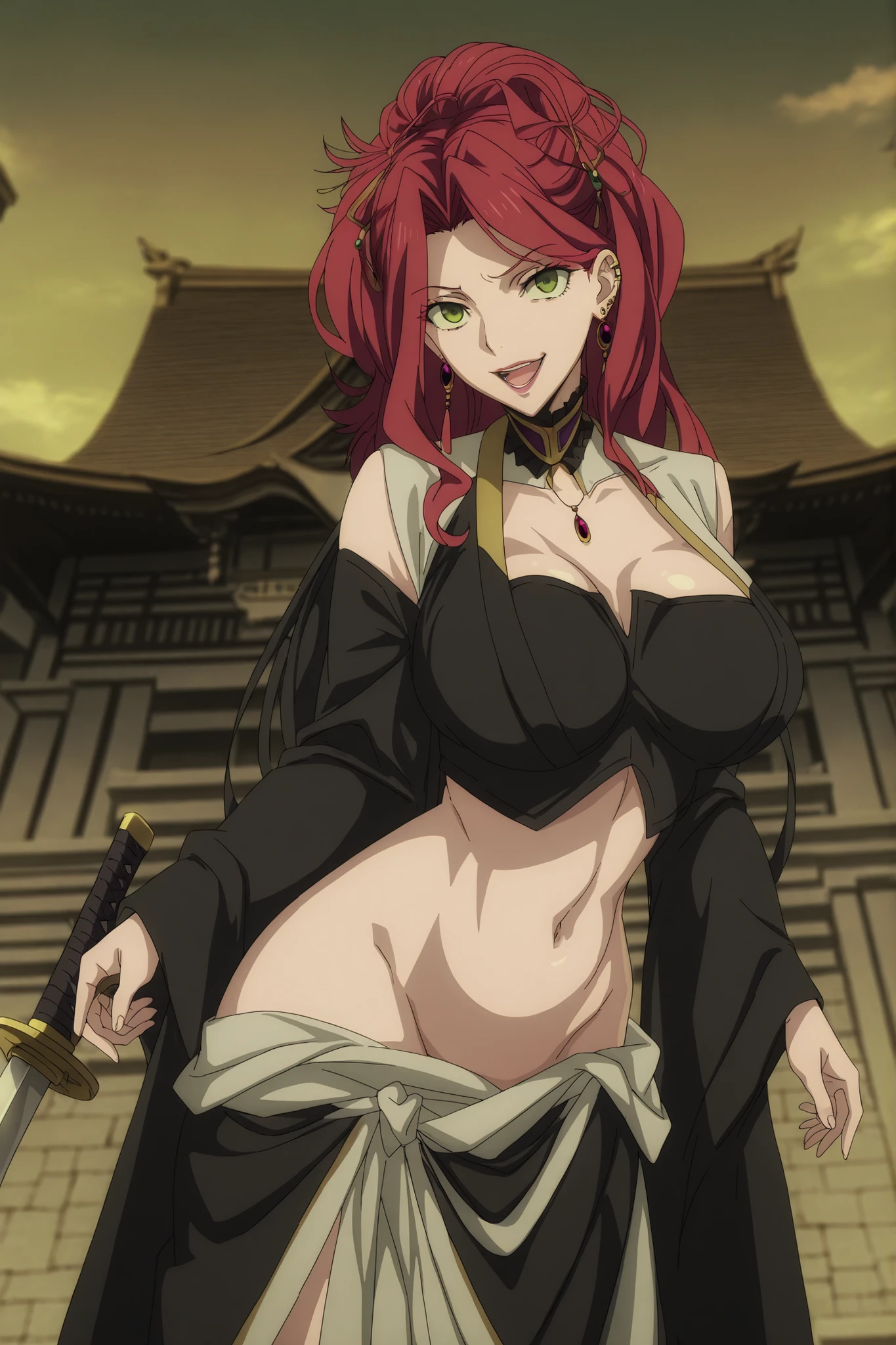 Malty Melromarc (The Rising of the Shiel) beautiful body,athletic body, beautiful breasts, ,visible private parts , ultra detailed image, anime image ,girl, anime malty, medium large Breasts, excitement, red hair, green eyes , ear piercing, long hair, lipstick,Hot girl, baddie, sensual, attractive ,jewelry, earrings, large breasts, long hair, attractive , masterpiece , best quality , highly detailed , a girl in black kimono dress , holding sword , bare shoulder , black open kimono , evil smile , open mouth , crop top , (nsfw) not safe for work , smile , , official artwork , beautiful girl , kimono pencil skirt , exposed belly , exposed navel , , in a palace , exposed midriff , exposed lower belly , outdoor , japanese architecture , temple ,