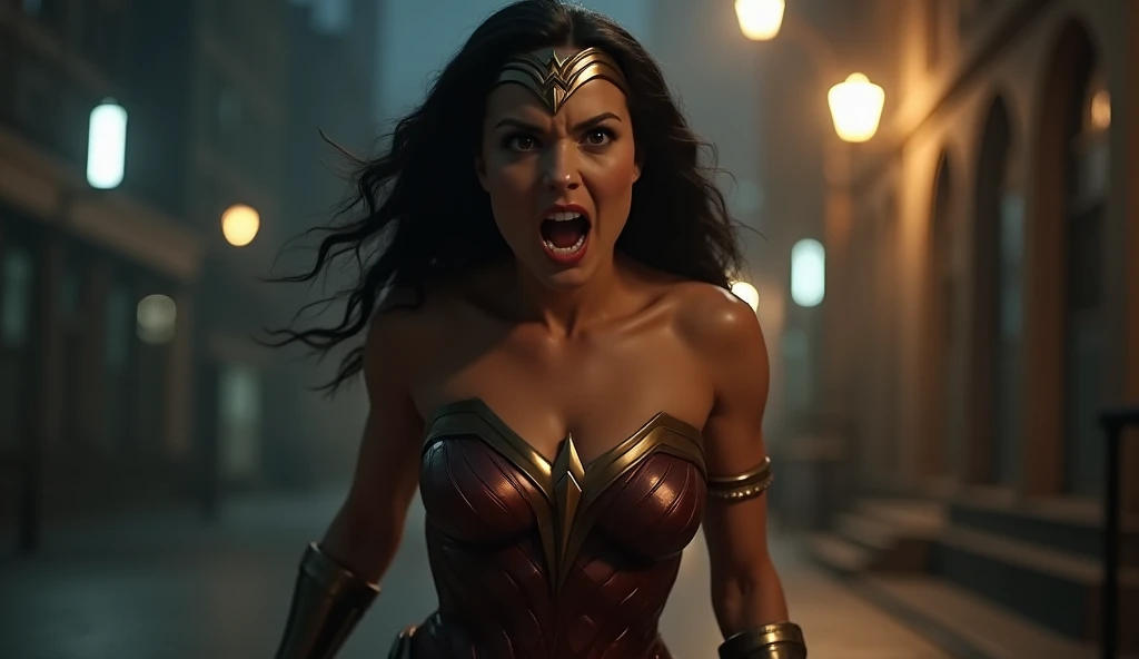 Scene from movie, Wonder Woman from DC close-up, Distorted space, Distorted undead in the background, Lens reflections, light shafts, Intricate detailing, high-detailed, volumetric lightning, 4K-Rendering, Stock photo, hyper-realistic, realistic textures, dramatic lighing, unreal engine