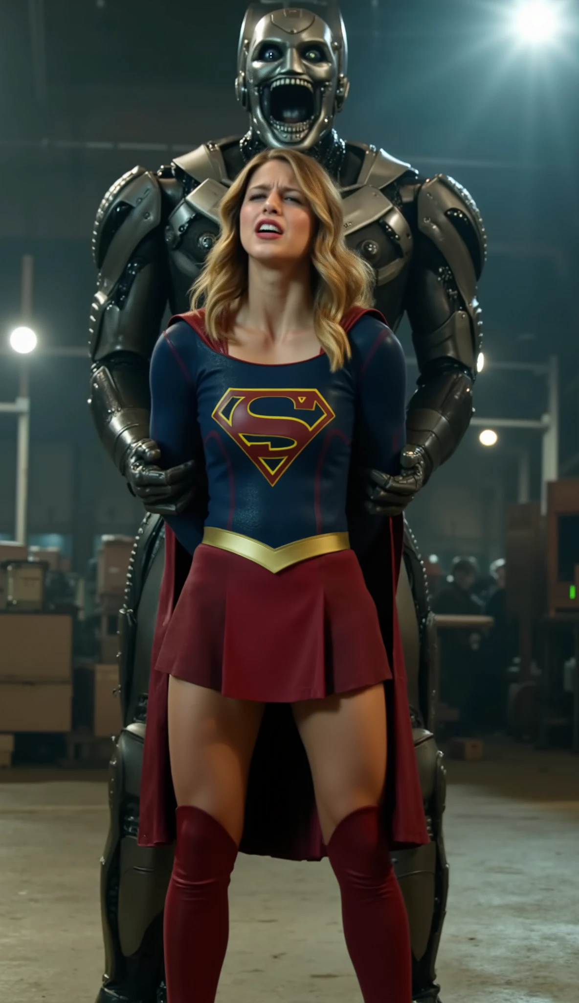 Melissa Benoist as Supergirl, (a very short skirt), both arms behind her back, she is locking by a green lighting locking devices, she is sexual assaulted from behind by Lex Luther the robot, embarrassment, ((painful face)), (Supergirl is crying in pain), Lex Luther is a strong huge robot, he is hugging her neck tightly from behind, he Tear her clothes into tatters, whole body from head to feet are visible, in the factory, night time, bright spot lighting,