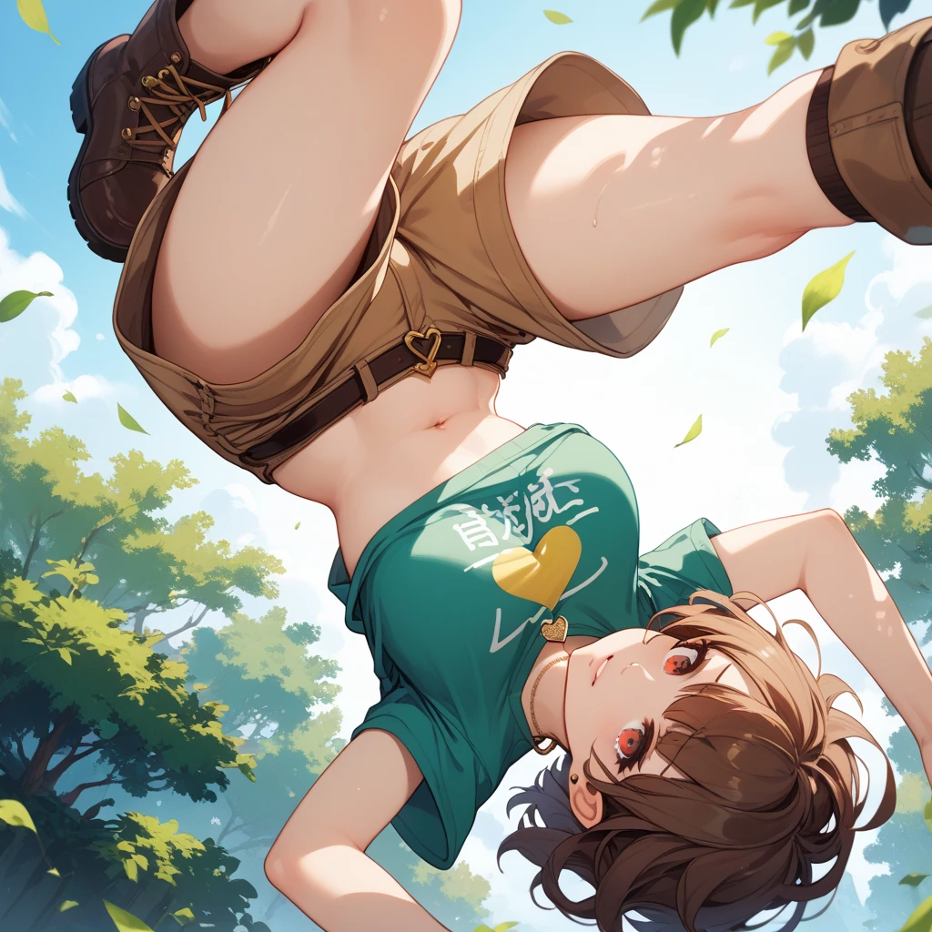 ((Masterpiece)), ((best quality)), (Anime:1.5), (RAW photo:1.2), (High Definition:1.3), (Professional Photography:1.2), ((12 years old)), 1girl, (Beautiful diamond eyes), (Very shy and blush), (Glossy lips), upper body, (thin camisole), (swept bangs), low ponytail, ((loose cute boxer shorts pull up)), pale brown hair, small breast, cute hips, BREAK, ((best quality)), (sweaty skin), (mist effect:1.3), (in subtropical rainforest), Mountain Landscapes, (Vibrant pose:1.4)