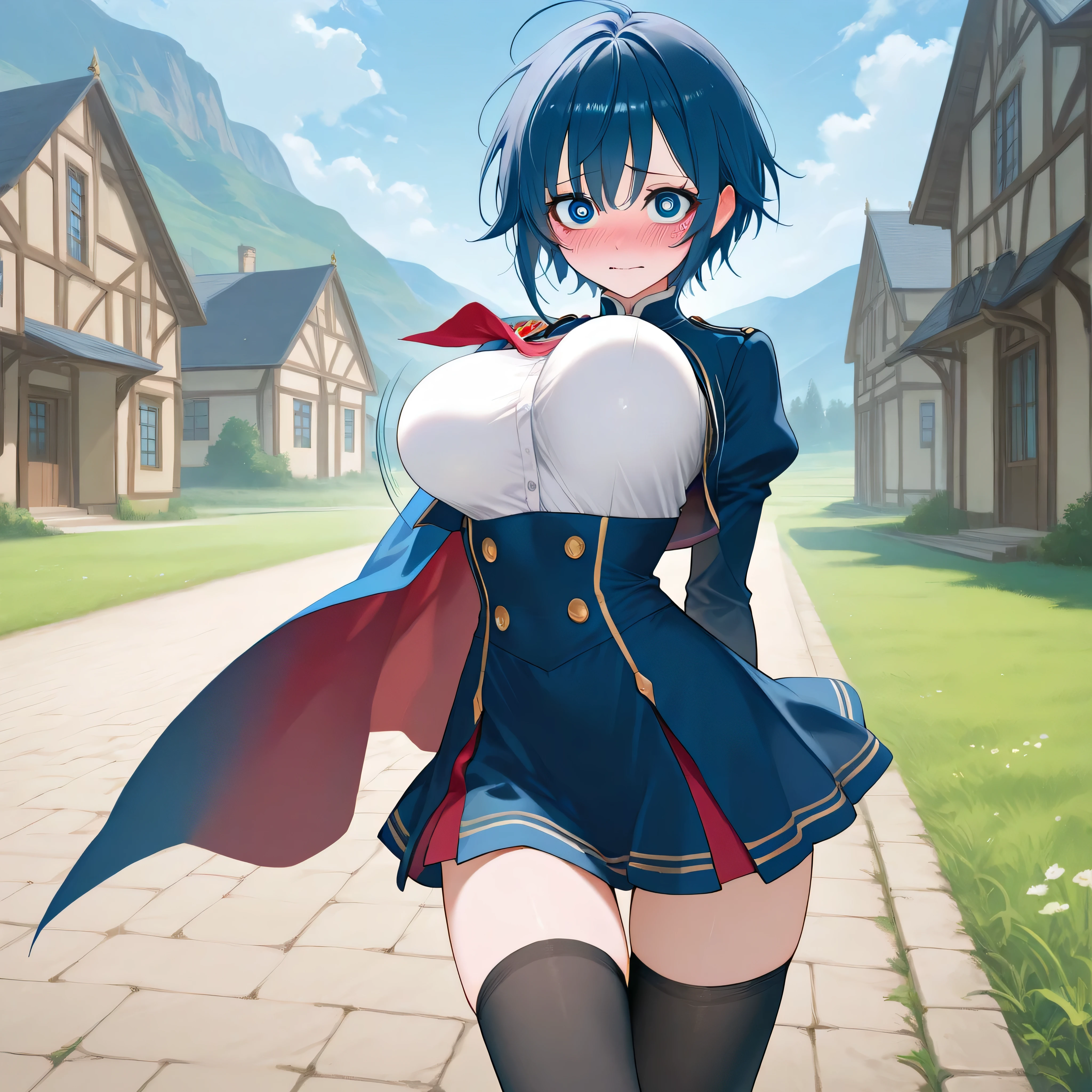 (score_9), longtorso_v0.63_pony, longlegs_v0.22_pony, landscape, fantasy, school field, flagstone floor, school buildings in distance, solo, 1 skinny girl standing, small girl, (bouncing unaligned breasts:1.3), arched back, arms down behind back, blue short hair, large eyes, tsurime, looking at viewer, embarrassed, narrow shoulders, (large breasts), short torso, narrow waist, short waist, skinny legs, side cape, (cropped coat), long sleeve, too short high-waist skirt cinches underbust too tight, thigh gap, flapping skirt, black thighhighs