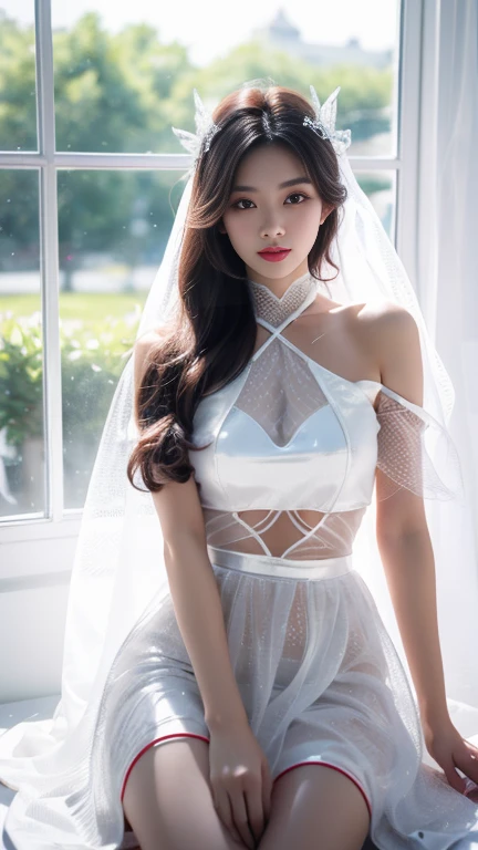 (8K Ultra HD、Digital SLR Camera、Soft Light、high quality、Volumetric Lighting、frank、photo、high resolution、4k、8K、Bokeh),(Rich details on the eyes and face,warm color, Very saturated colors,Show a charming smile, Perfect face, Pretty Face, black eyes,Skin is transparent and visible, Shirasawa skin,cosmetic, necklace, Jewelry,veil,Hair accessories),(Create stunning images of real girls, warm light, Dynamic poses, Elegant Posture, Cowboy lens, Look confident from the front,Facing the camera,Standing,Open your legs slightly,Golden Ratio Graphics,Minimalism, ), (Bedroom background), Chinese female students,brown hair、Gradient hairstyles,Cyberpunk hairstyle,(Sexy,Perfect breast shape、Very detailed breasts,34E cup),Racing girl suit,One-piece tight latex suit,(High waist,Waist hollow,Levain),(Clear knee-length socks、garter、腿部garter)