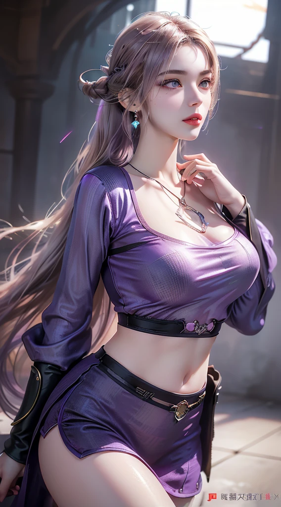 (best quality:1.5, highres, UHD, 4K, detailed lighting, shaders), purple curly floral haired, gradient hair, large breasts, suit, T-shirt, social shirt, short skirt, mature woman , (pov), white background, colorful eyeshadow, dramatic lighting, sparkling eyes, sensual expression, golden earrings, flowing hair, delicate facial features, brown skin, high cheekbones, urban setting, black background, dont look for the camera, lean forward, behind the camera
