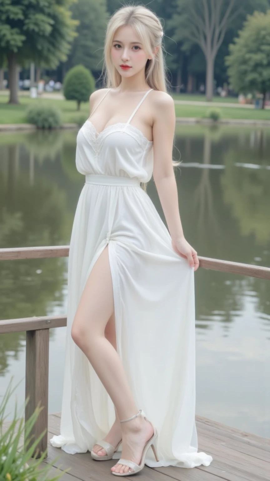 High resolution, realistic pale Chinese female with large blue eyes with sexy sweet expressions, pink lips, blonde hair with blossom accessories, big large breast exposing cleavage bending forward accentuating her butt, wearing a long several flared fantasy flowing pinkish dress, exposing oilled long legs wearing high baby pink heels, standing on lotus pond,