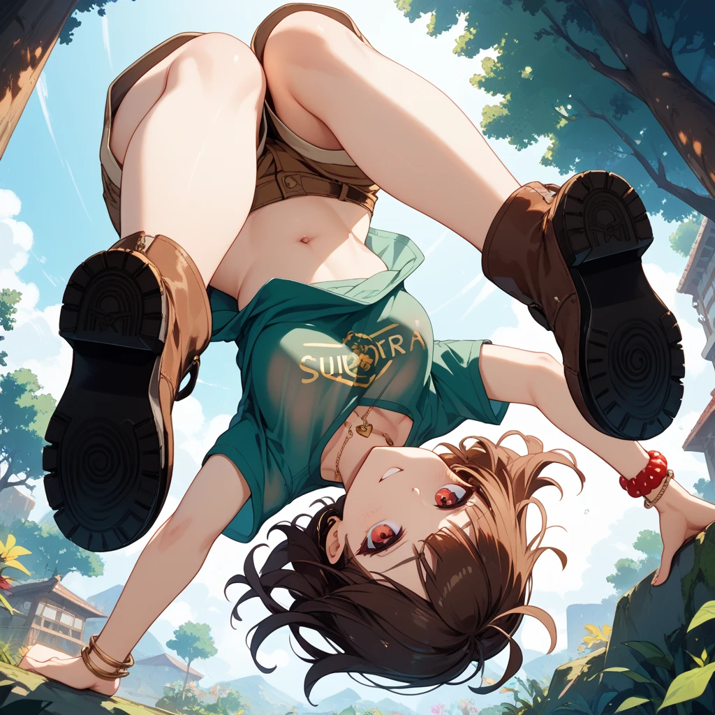 masterpiece, Ellie Joe, short black hair with red highlights, standing, glowing skin, navel, (pulling down panties), smile, looking at viewer, tree, (from bottom: 1.2), cinematic lighting,