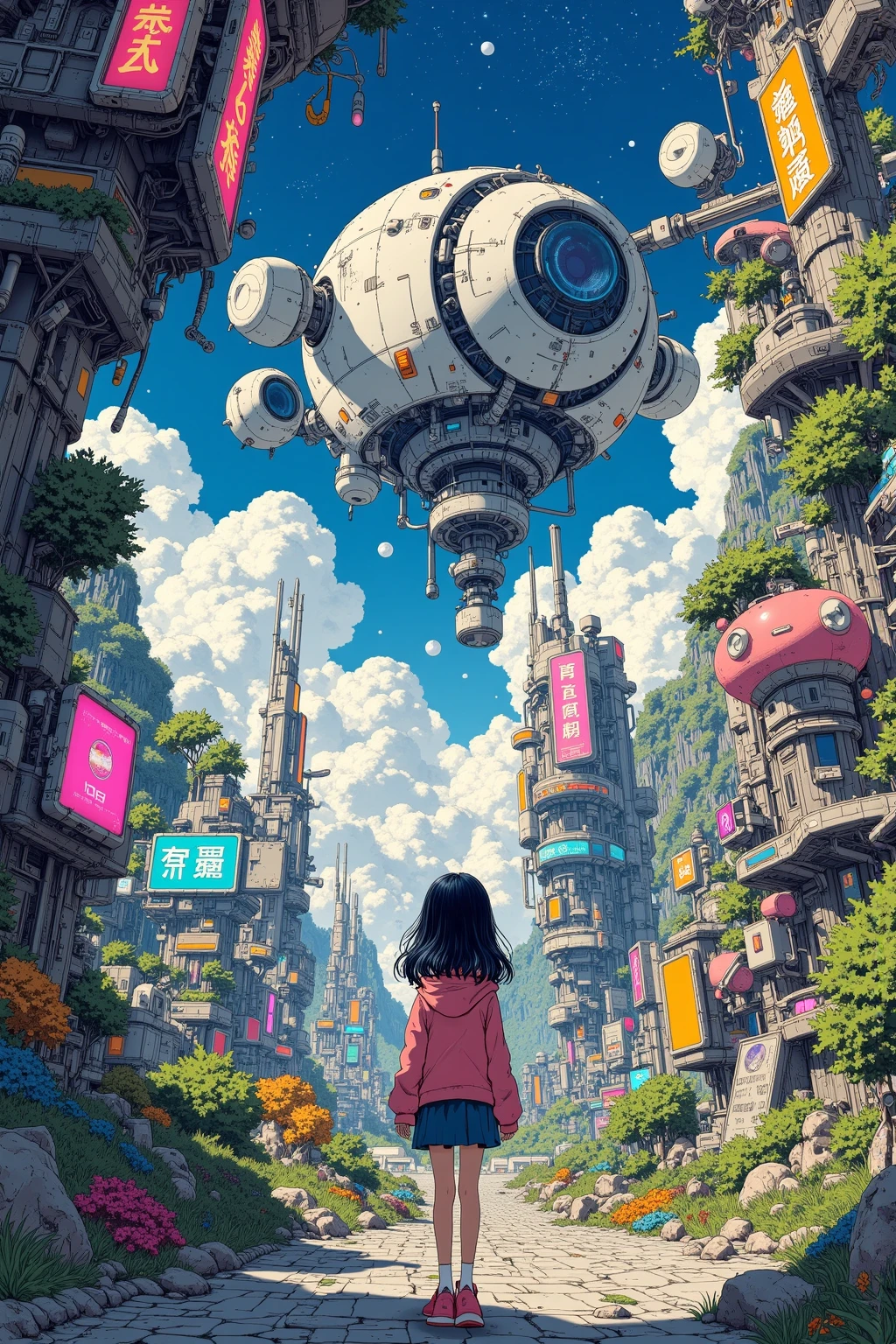 A large expanse of A futuristic space utopia where humanity colonized a distant planet, The landscape mixes advanced technology with a planned ecosystem,landscape of future city,photogenic, another planets,American girl looking it up, many neon signs on the wall of buildings, starry sky background