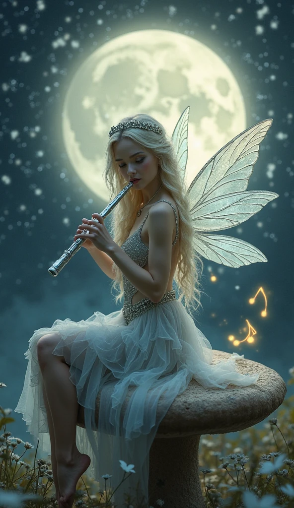 A tiny fairy, standing less than half a meter tall, with transparent wings and pointed ears, holding a delicate flute in her hands, with fingers clearly visible. In the 4K night forest, her figure is illuminated by a huge round moon. The image clarity is extremely high, capturing every detail of the leaves. The camera slowly moves from her face to the flute in her hands, then to the round moon behind her, fully showcasing this magical scene with a cinematic atmosphere