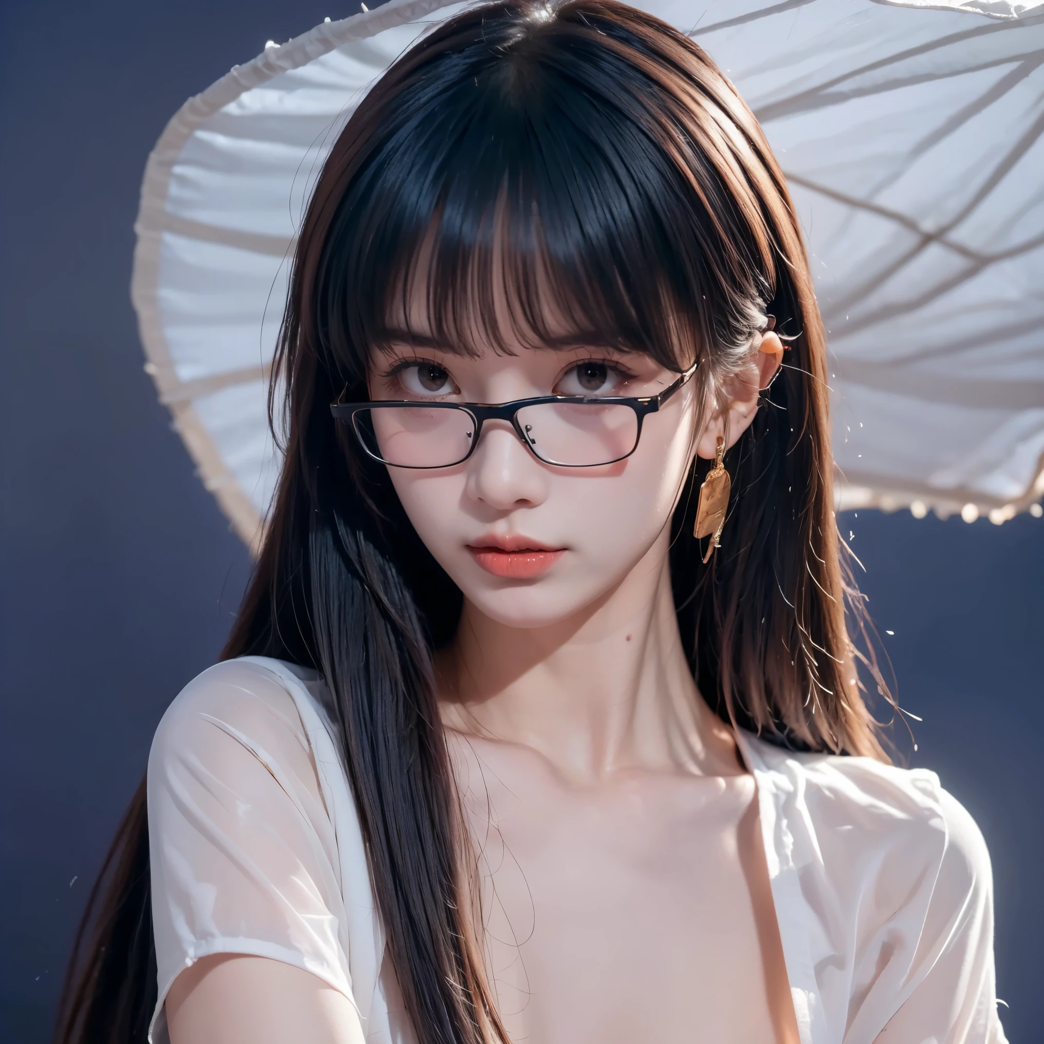 21-year-old girl,(( squint )),(long black hair,Straight Hair)(white translucent white shirt business wear,tie,The neckline is slightly untied) Girl with flax-colored hair who looks up slightly at,looks at the camera, ,((Wearing gold-rimmed glasses)),super detailed, surrealism, Movie , Octane Rendering, 16K,free, and self-expression that defines disco culture, long black hair,With bangs, long black hair,With bangs, Medium shot, Center image, super detailed, extreme facial details , Extreme details,((( dark blue background ,Light Sensitivity)))