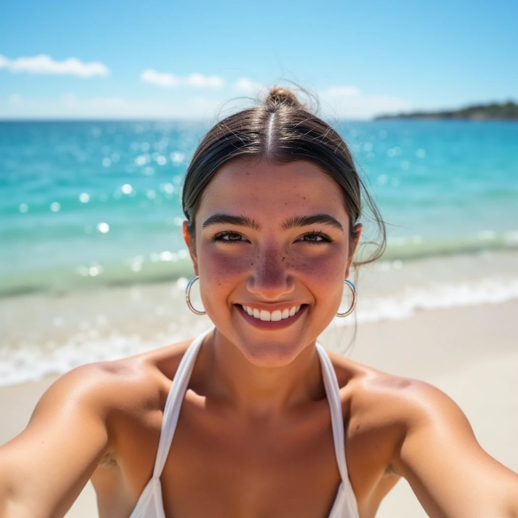 selfie, photo with GoPro camera young pretty Pan Asian girl, with sexy bathing suit on beach, wet, smile, round face, soft Lighting, fisheye lens, sun flare, 