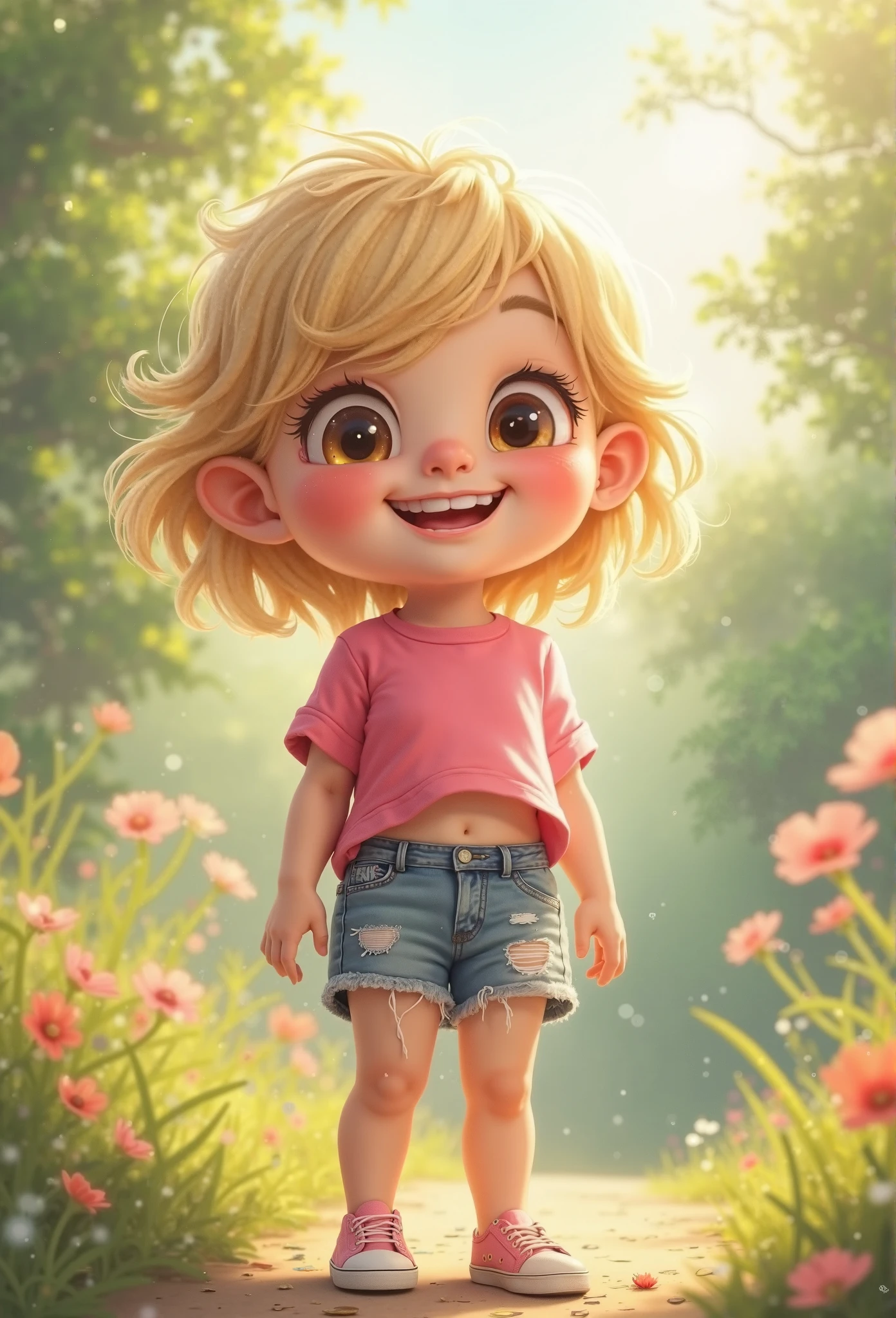 Make a chubby girl short little blonde, 11 anos, wearing short blue denim shorts and a short pink top