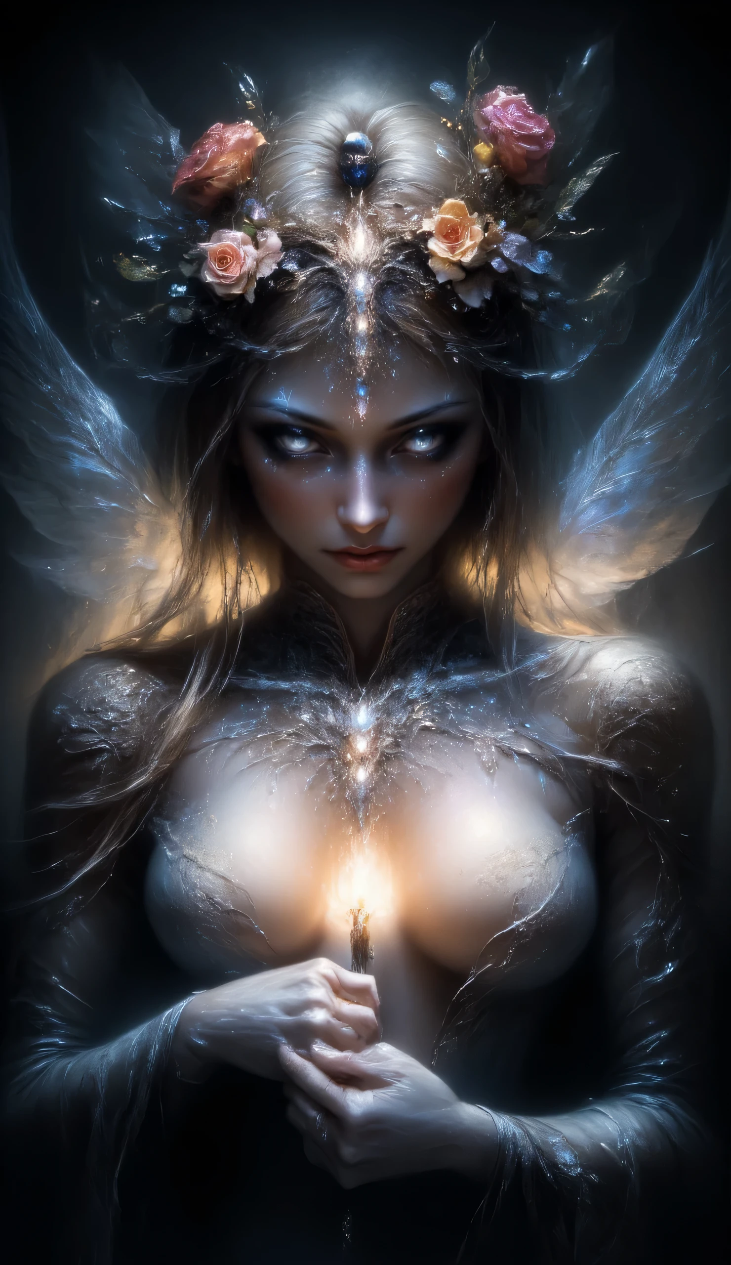 Design a mystical digital artwork centered around a woman with long, flowing dark hair crowned with roses in shades of pink, red, and white. Among the roses, incorporate a black bird nestled delicately, as if it belongs. The backdrop should be dark and atmospheric, transitioning into a soft gradient for a dramatic yet dreamy effect. Add angelic wings to the figure, extending gracefully from the shoulders, with intricate feather details that glisten subtly. Illuminate the scene with soft lighting that highlights the neck and collarbone, creating a gentle, enchanting glow. Include a subtle signature in the bottom right corner for authenticity. Emphasize an ethereal and enigmatic tone throughout.