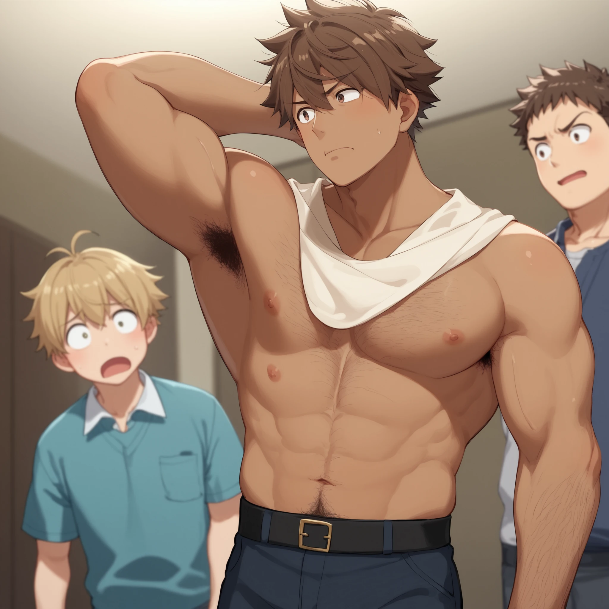1 tall, muscular, dark-skinned malem, hairy body, Highest quality、masterpiece、Super Detail、armpits hair, arms hair, blown hair, 一本一本詳細な体毛、realistic hair, 一本一本詳細な体毛、realistic hair, brown hair, manly man、体毛フッサフサ、脇毛もフッサフサ、黒い細い毛がこびりついている, big hip, short hair, wide view:1.2), all men, all boys, muscle,