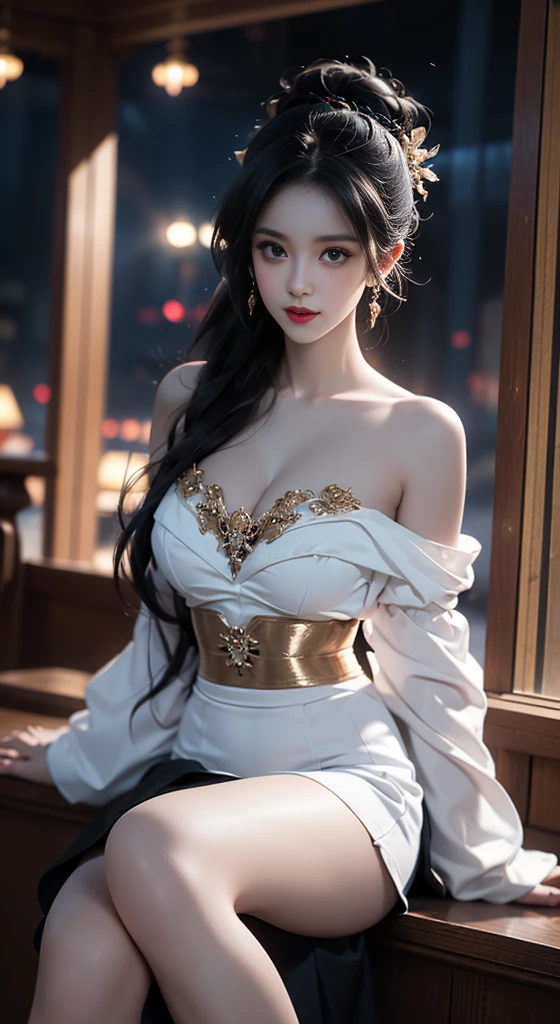 Ahri_Cosplay, White Tails, Black long hair, yellow eyes, ((full body)), ((sitting position)), ((sitting on a stool)), ((stool dance)), clear face, pretty face, 8k, masterpiece, original photo, best quality, detail:1.2,lifelike, detail, Very detailed, CG, unified, wallpapers, depth of field, movie light, lens flare, Ray tracing, (extremely beautiful face, beautiful lips, beautiful eyes), intricate, detail的脸, ((ultra detailed skin)), 1 girl, in the darkness, deep shadow, beautiful korean girl, kpop idol,(Very slim figure:1.3), A plump chest, Slender sexy legs, elegant posture, (bright smile), (City night, (neon lights), (night), beautiful korean girl, white diamond earrings, Diameter bracelet, Dia necklace, clear eyes, (big eyes)