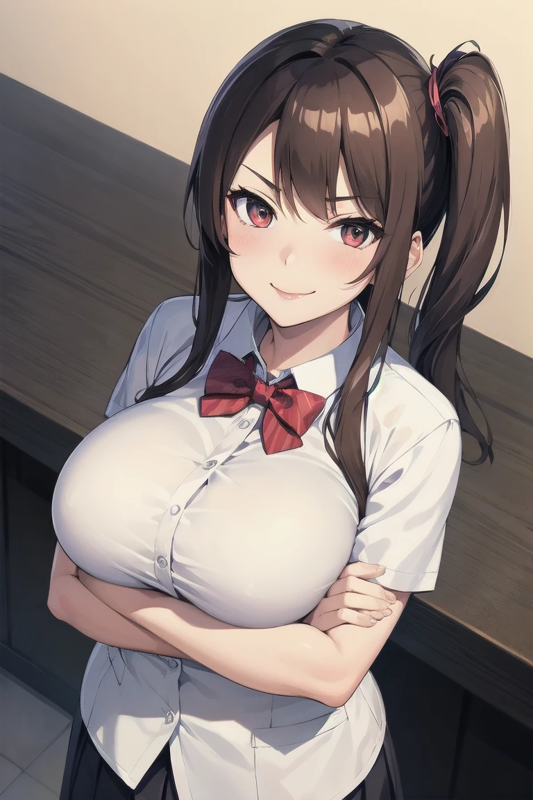closeup upperbody,breasts focus,Looks bigger breasts,(bascule breasts:1.5),(Chewy breasts,tender breasts:1.3),blouse,(clothed breasts:1.4),(Floating up breasts:1.1),school blazer,(schooluniform),(Attract the attention of the public,crowd:1.3),(indoor:1.3),Twin tails,Brown Hair,Big ribbon,Dense hair