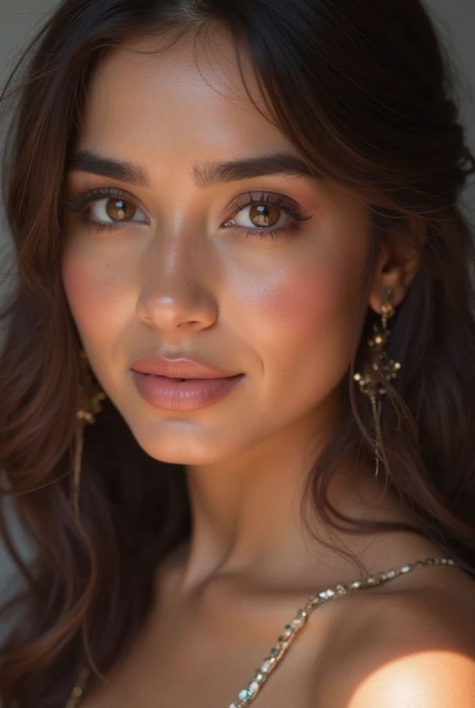 an ultra realistic shot of a very beautiful Indian modern woman with gorgeous brown hair posing for a picture, extremely detailed and clear facial features, realistic barbie doll, realistic anime art style, The color palette consists of warm, golden tones reflecting the sunlight. Her eyes, filled with the colors of a vibrant sunset, captivate the viewer. The illustration radiates a sense of ethereal beauty and connection to nature, cinematic, Hyper-detailed, insane details, Beautifully color graded, Unreal Engine, DOF, Super-Resolution, Megapixel, Cinematic Lightning, Anti-Aliasing, FKAA, TXAA, RTX, SSAO, Post Processing, Post Production, Tone Mapping, CGI, VFX, SFX, Insanely detailed and intricate, Hyper maximalist, Hyper realistic, Volumetric, Photorealistic, ultra photoreal, ultra-detailed, intricate details, 8K, Super detailed, Full color, Volumetric lightning, HDR, Realistic, Unreal Engine, 16K, Sharp focus, cgsociety 9