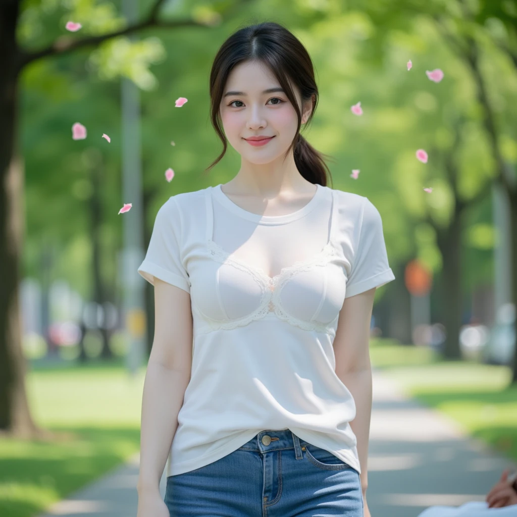 (((8K)))、(((Highest quality)))、(((High resolution)))、(((From the thigh up)))、Plump body、(((Beautiful attention to detail)))、(((Droopy eyes)))、(((wide double eyelids)))、((A shy smile))、(((whiteTshirt)))、(((Denim shorts)))、Large Breasts、(((Brown medium hair)))、(garden)