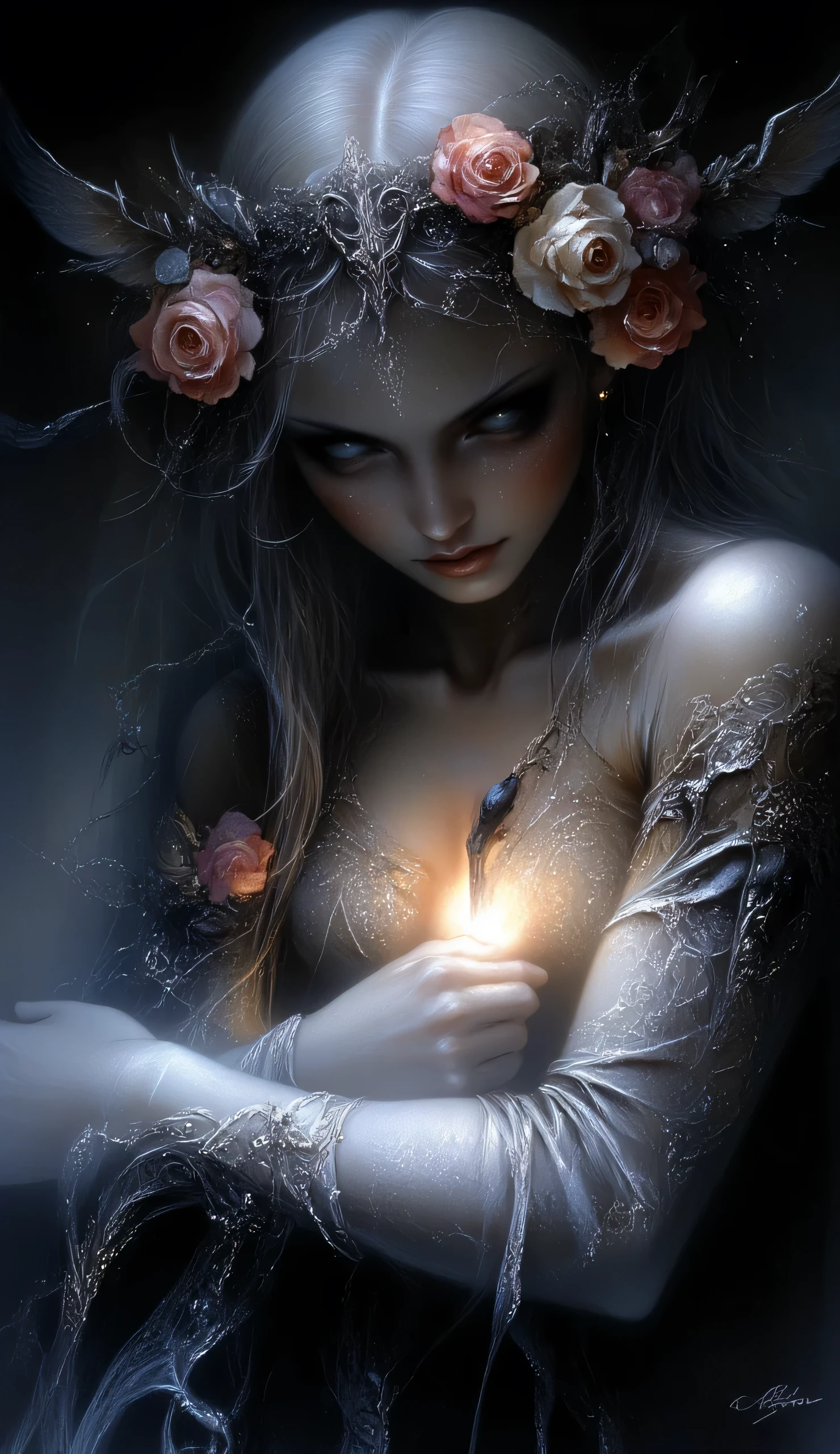 Design a mystical digital artwork centered around a woman with long, flowing dark hair crowned with roses in shades of pink, red, and white. Among the roses, incorporate a black bird nestled delicately, as if it belongs. The backdrop should be dark and atmospheric, transitioning into a soft gradient for a dramatic yet dreamy effect. Add angelic wings to the figure, extending gracefully from the shoulders, with intricate feather details that glisten subtly. Illuminate the scene with soft lighting that highlights the neck and collarbone, creating a gentle, enchanting glow. Include a subtle signature in the bottom right corner for authenticity. Emphasize an ethereal and enigmatic tone throughout.
