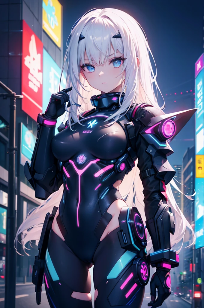 (RAW Photos, Best Quality), (animesque: 1.2), cyberpunked, (((1 Female Android))), (Sharp facial features), (smaller face), (High Detail Skin: 1.2), 鎖骨, Pretty face, Beautiful eyes, long eyelashes, ((silber hair, waved hair, asymmetrical bangs:1.2, multicolored eyes+Heterochromia)), mechanical fingertips, cute smile face, (((cyberpunk clothes, black suits, LED light emitting ))), Futuristic, On the roof of a high-rise building, ((Hero Landing)), Night, ultra-detailliert, Professional Lighting, Photon mapping, Physically Based Rendering,