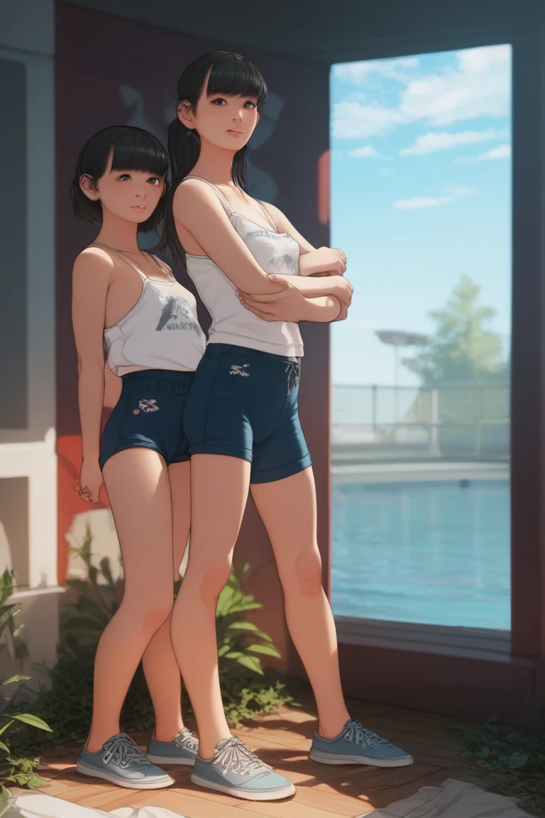 NSFW,(Natural finger shape:1.5),((Full Body Shot,Including face)),4K,masterpiece,((Focus on the face)),((Symmetrical facial features)),Eye for detailed depiction,Beautiful woman,Excellent style,Beautiful feet,(Small Ass,Thin thighs),Facial detailing,Small earrings,Low angle photo,((T-Shirts、hot pants)),A park with lush greenery in the early morning,(soft exercise),blue blonde,Close-up photo of the upper body,One Woman