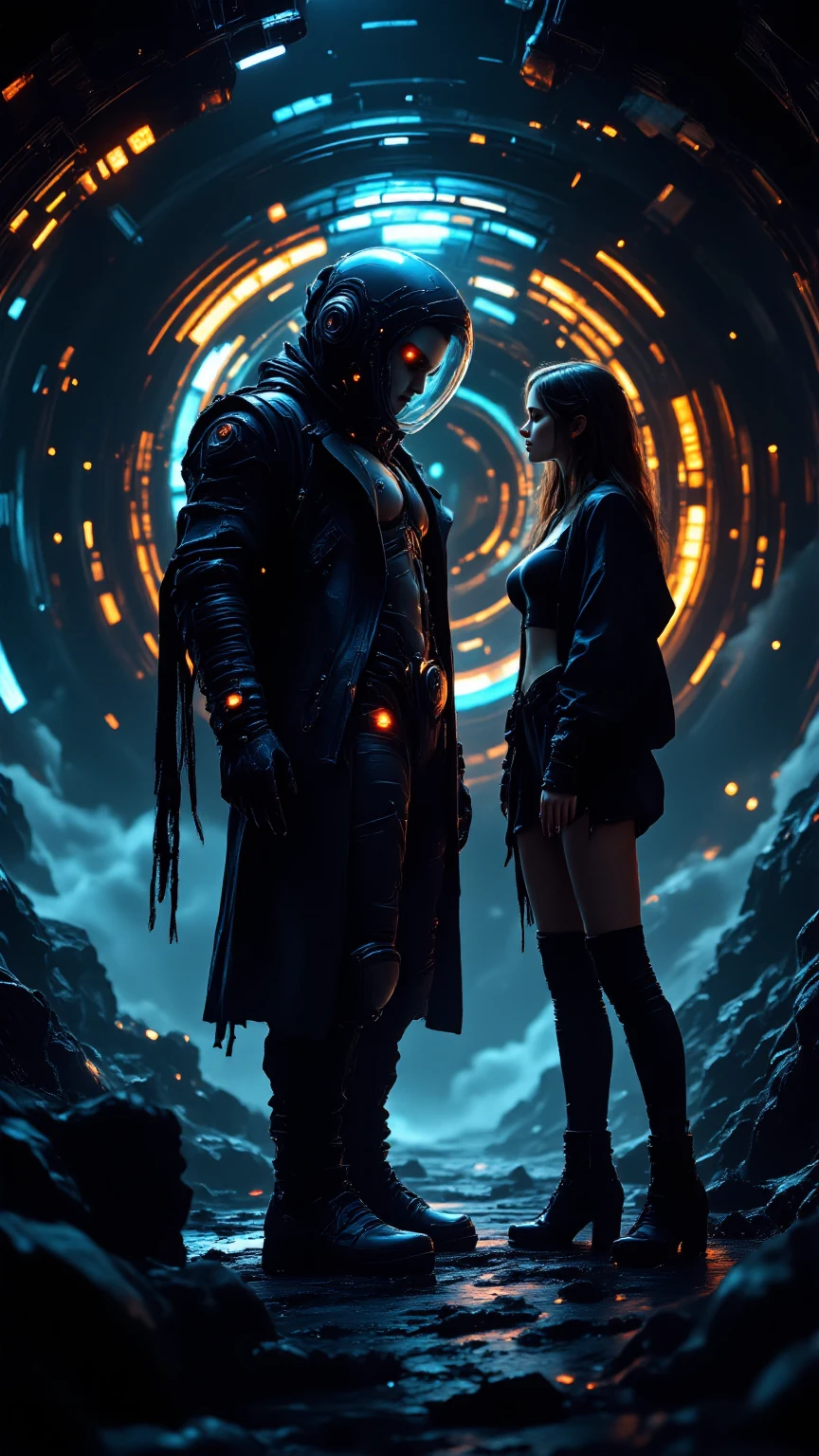 <lora:AbyssalTech-20:0.8>,abyssaltech , scifi,
dark energy,  ethereal, dissolving, see-through ,abyss, 
light smile,
couple walking in the park, long hair , short hair ,glowing colored hair, glowing eyes,looking at another,