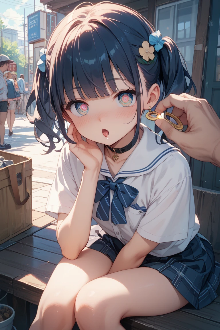 (highest quality), (masterpiece), 1080p, High resolution, 4K, 8k, Shooting from directly below, Are standing, Sweat, Looking down, Gothic ta, ((nude)), Realizing this, ((side)), sideを見せる, ((Tie up)), 16 yall breasts, whole body, Embarrassed face, Long Black Hair, Blunt bangs, bracelet, Dumbbell Lift, training, sports gym, Leather shoes, Thick sole,
