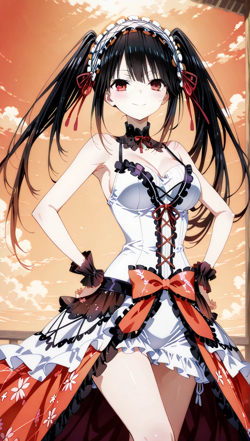 18 year old beautiful girl, masterpiece, top quality, 8K anime, 1 girl, detailed fingers, precise fingers, not unnatural hands, odd eyes, black hair twin tails, kurumi tokizaki, large breasts,