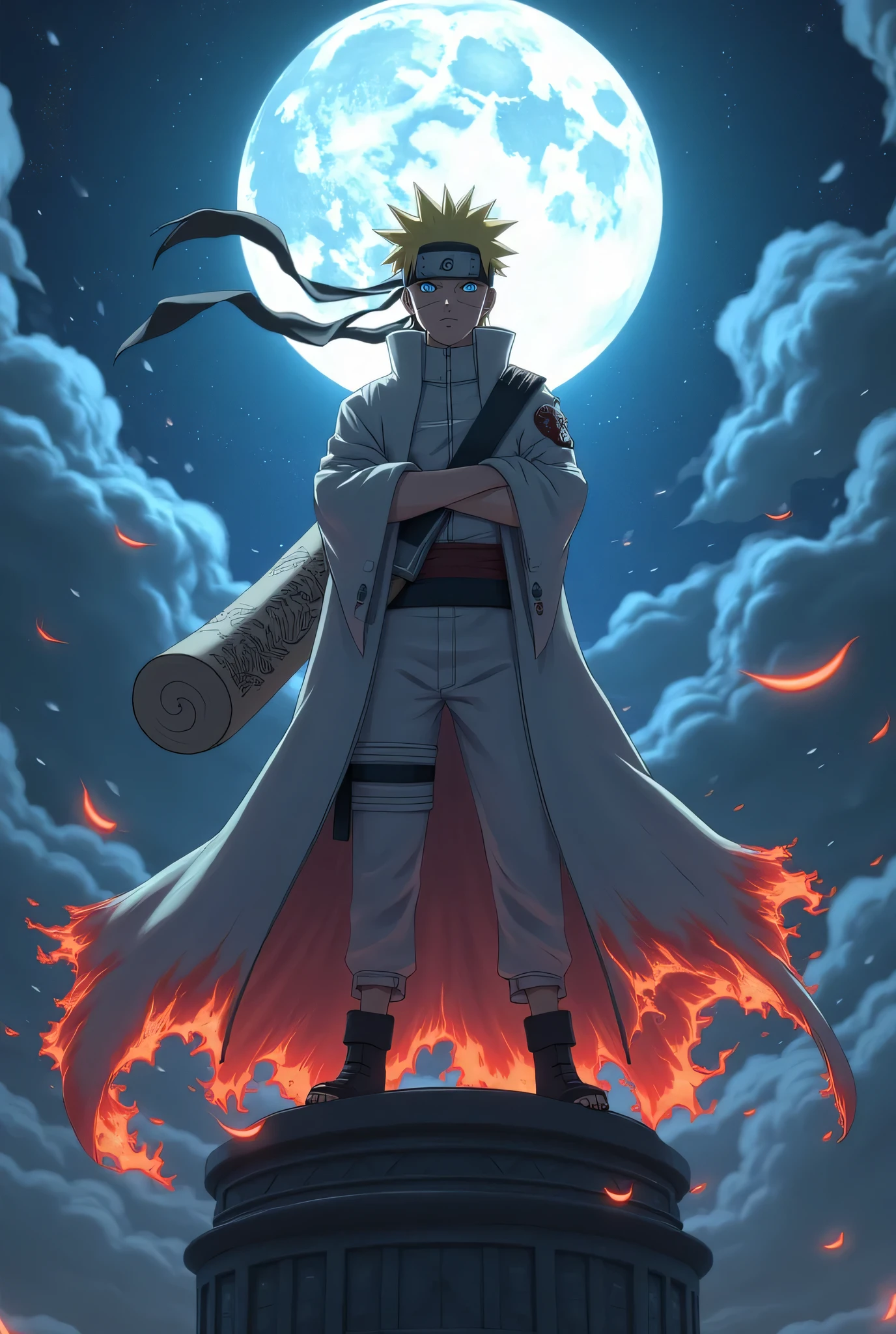 **"Original photo of Naruto Uzumaki as Hokage. He is wearing a white Hokage robe with red flames at the end, blowing in the night wind. A large scroll hangs on Naruto's back. The Hokage is standing on top of the rock with his arms crossed and slightly turned to the side. And Konoha Village is shining in the background. The moon is shining, the eyes of the Sharingan and Rinnegan are glowing in the darkness. Mysterious smoke effects surround them, creating an epic and dramatic atmosphere (zoom)'Blue Element