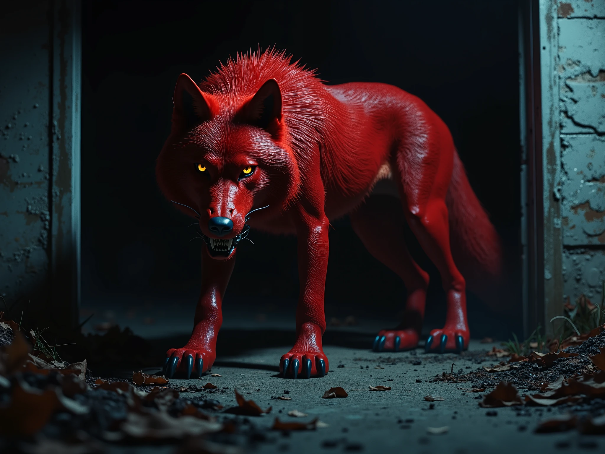 red wolf, full fur red, yellow glowing eye, black long claws, HD, garage at night.