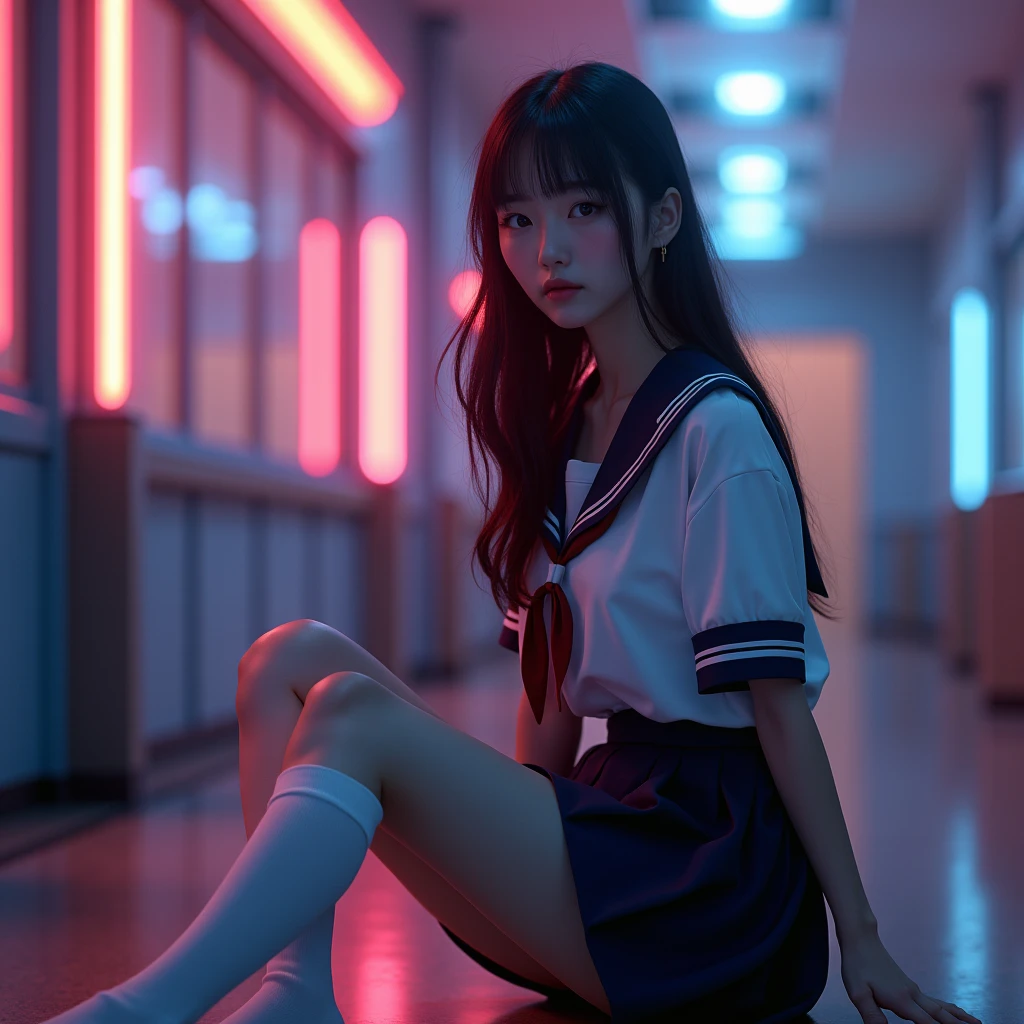 A stunning Japanese model dressed in a traditional school uniform, which includes a short, pleated skirt and a crisp, white button-up shirt with a sailor collar. Her long, black hair is tied up in a high ponytail with a red ribbon, framing her delicate features. She sits on a plush, white couch in a casual yet seductive manner, her legs spread apart as she squats, revealing a pair of sheer, white panties that hug the curves of her toned thighs. The skirt rides up, exposing the bare skin of her upper thighs and the strip of lace that trims her underwear. The model's eyes are slightly closed, her full lips parted in a soft smile, as if lost in a private moment of pleasure. The room is dimly lit, with a soft pink glow that accentuates her porcelain skin and the innocence-meets-provocation vibe of the scene. A shelf in the background is filled with manga and anime figurines, hinting at a playful and youthful spirit. Her hands rest on her knees, fingers slightly bent, as if she's about to reach down and adjust herself, adding a layer of anticipation to the image. Her school socks are pulled down slightly, showing the beginnings of a stocking gap, and her black loafers are placed neatly beside her on the floor. The overall composition of the picture is intimate and alluring, inviting the viewer to gaze upon the model's partially exposed private area, which is both erotic and intriguing due to the contrast with her otherwise proper attire.