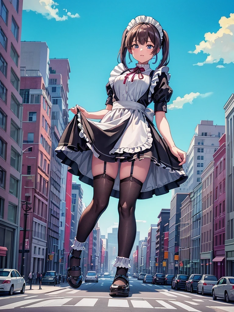 giantess art, highly detailed giantess shots, giantess, Two legs, Five fingers, short hair, A beautiful girl who is bigger than any skyscraper, Wearing rimless glasses, Big Breasts, Big Butt, Maid clothes, Black Pantyhose, black pantyhose, no shoes on, toes visible through pantyhose, Steam coming out from the soles of the feet, A very small big city, Miniature metropolis, Full body description, GTS, giga giantess, stomping city, crash city, tiny city, micro city, pantyhose feet, High resolution, highest quality, masterpiece, Maid, maid,