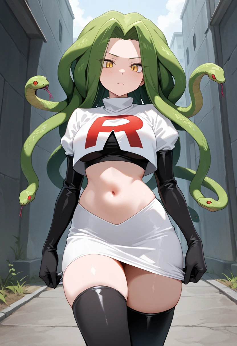 masterpiece, best quality, android-chan, green dress, elbow gloves, large breasts, green thighhighs, from behind, looking at viewer, tail , <lora:androidchan-nvwls-v1:0.9>