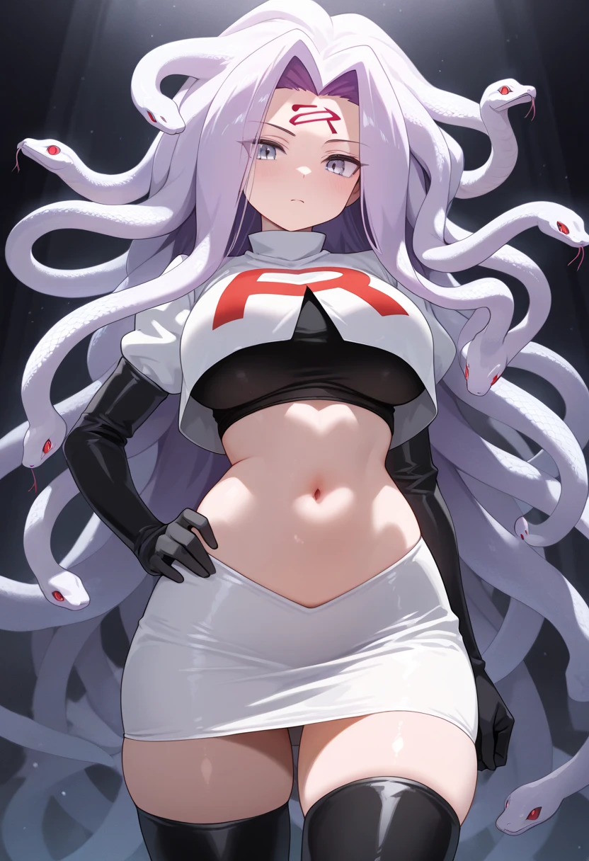 masterpiece, best quality, 8K, number, 1 girl, Solitary, stand up, youth, White hair, long White hair, Hair accessories, Red Eyes, Round pupil, Emotionless expression, Blood-stained mechanical parts, electric wire, cable, Neon lights in high tech room, Surrealism, Bikini,Red Eyes,Venom,Blackened,Long black gloves,Jumpsuit,,Highlight her graceful figure,将整个身体包裹stand up,Symbiote,((Sexy bulge)),One-piece Pants,Red Eyes,Venom,Blackened,Long black gloves,Blood-Red Eyes,best quality, high resolution, Very detailed, , Bangs,Purple Hair, blue eyes,Pregnant women,Camel toe,Legs apart,Show your thighs,Showing breasts