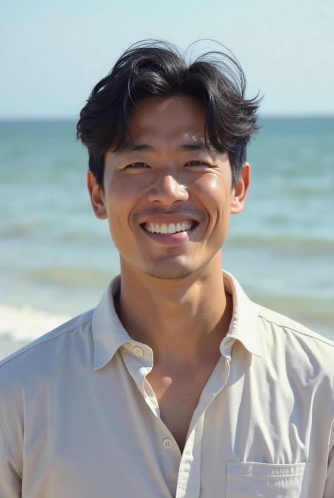 A handsome, muscular young Asian man looks at the camera. In a simple t-shirt white and red , Fieldside, grass, beach, sunlight, Carrying a camera