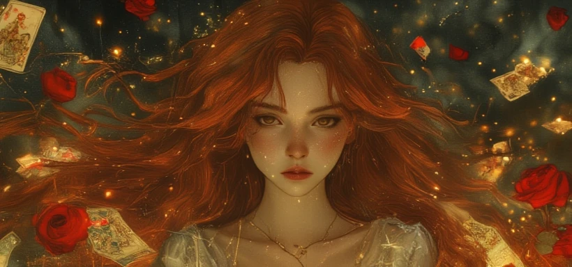 "(((obra-prima))), melhor qualidade, ultra-detallhado, High resolution CG image with a beautiful woman with red hair with bright violet eyes like detailed constellations, retratados em detalhes fascinantes. His delicate body is accurately represented at every angle. Ela possui longos cabelos ruivos que caem suavemente sobre seu vestido da era vitoriana. The upper part of his body is sculpted to perfection. "