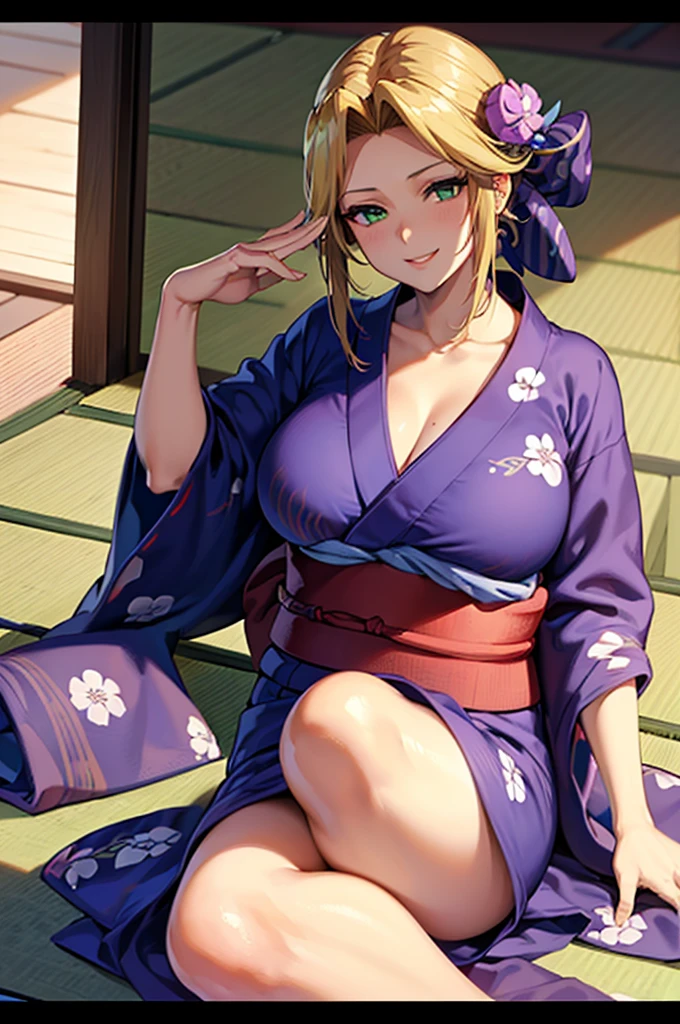 1 girl in purple kimono posing for a picture, blonde hair, open v chest clothes, pubic hair, purple robes, seductive anime girl, kimono, sakimichan, palace, white bra, white thong