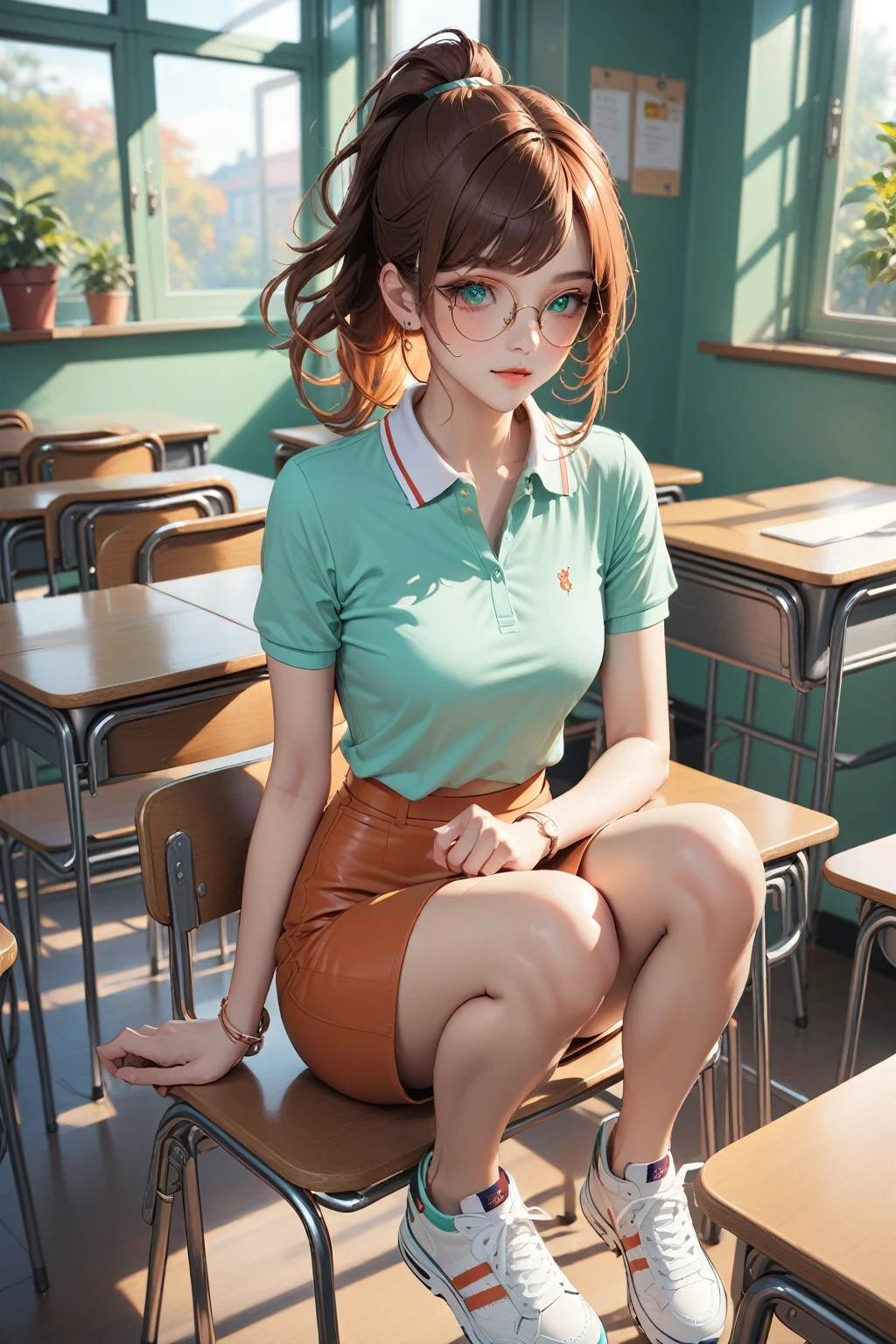 teen emma watson as a sexy schoolgirl lying on the desk. tight intricate school uniform. crop top. slender body. classroom at night. background blackboard. latex shorts. tennis shoes.