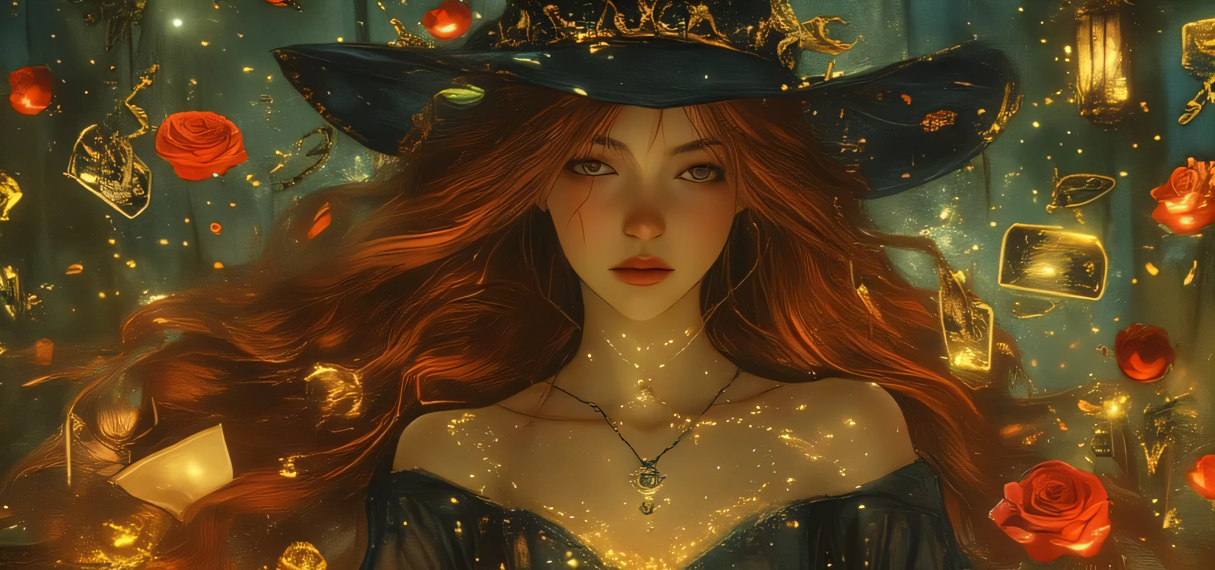 create an image of a renaissance-looking woman at the far left side of the image with her red hair flowing across to the far right, with tarot cards and roses scattered all around her