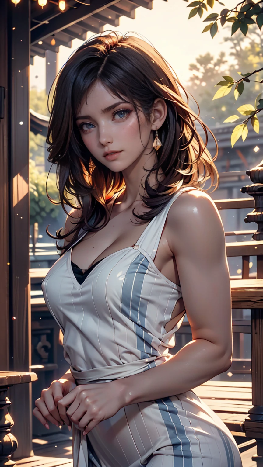 short hair, mmmm, (Sharp focus:1.2), photograph, Attractive Young Woman, (Beautiful Face:1.1), Detailed eyes, Seductive lips, (Bold red lip color:0.85), (Medium chest:1.0), (The body is slim:1.2), (Long Hair:1.2), wear (1980s Peplum Dress:1.2) in (botanical garden:1.2). (Moody lighting:1.2), Depth of written boundary, Bokeh, 4K, High resolution. by (James C. Christensen:1.2|Jeremy Lipking:1.1).