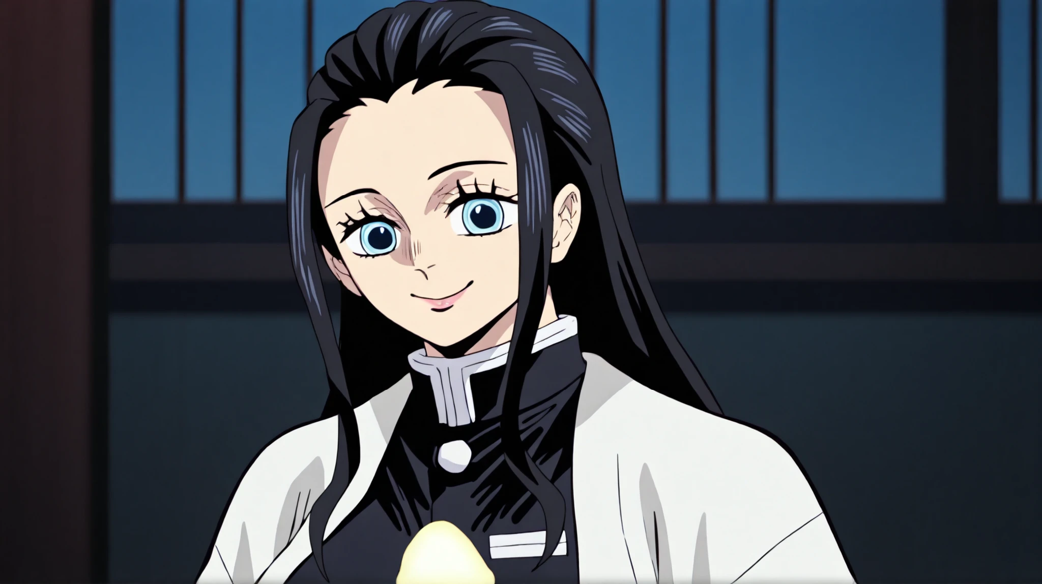 best quality, amazing quality, very aesthetic, absurdres,
1girl, nico robin, blue eyes, black hair slicked back, long hair, solo, neon temple, light shrines, holo-altars, data paths, worship pose, reverent expression, night,
Blue haori, demon slayer uniform, large breasts,
smile, looking at viewer, solo, kimetsu_no_yaiba_style,