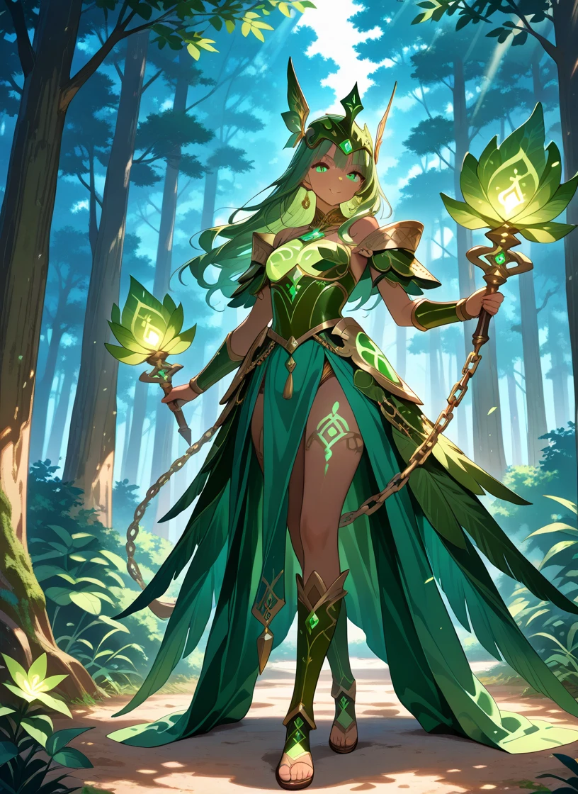 fantasy, 1forest_elemental_girl, fighting, (using_leaves_clothes, green_leaves_covered_breasts, leaves_covered_pussy)+++,medium_breasts,dynamic_pose_standing, light_smile, sleepy, medium_hair, navel,(dark_skin)+, oil, (winding_vine_around_torso)++, plump,forest, trees_background, leaves_headgear, green_leaves_cape, hold_large_long_staff, thighhighs,