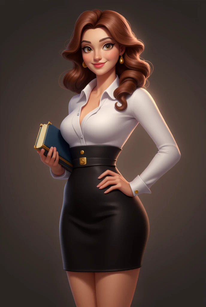 A female teacher， wearing a short black dress， big waves long hair，brown hair， white shirt ，Holding a book in his hand，Look at the camera and smile