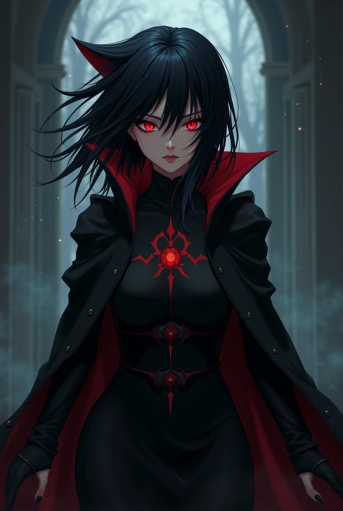 [realistic:anime:.15], kneeling,[mature::0.15] woman, smirk, looking up, from above, glowing eyes,, detailed red eyes, absurdly long black hair, dark, darkness, obscurity