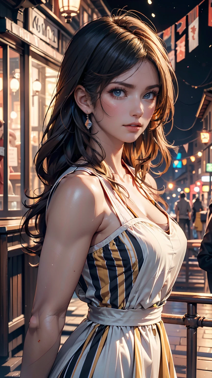 street,(Keisan:1.5), close, masterpiece, Highest quality, Original photo, Realistic, face, Big Breasts, Pink gauze slip dress, Unbelievably ridiculous, beautiful girl, cute, long hair of bright yellow color, Short suspenders, Depth of written boundary, High resolution, Hyper Detail, The finer details, Very detailed, Very detailed eyes and face, Sharp pupils, Realistic pupils, Sharp focus, Cinema Lighting