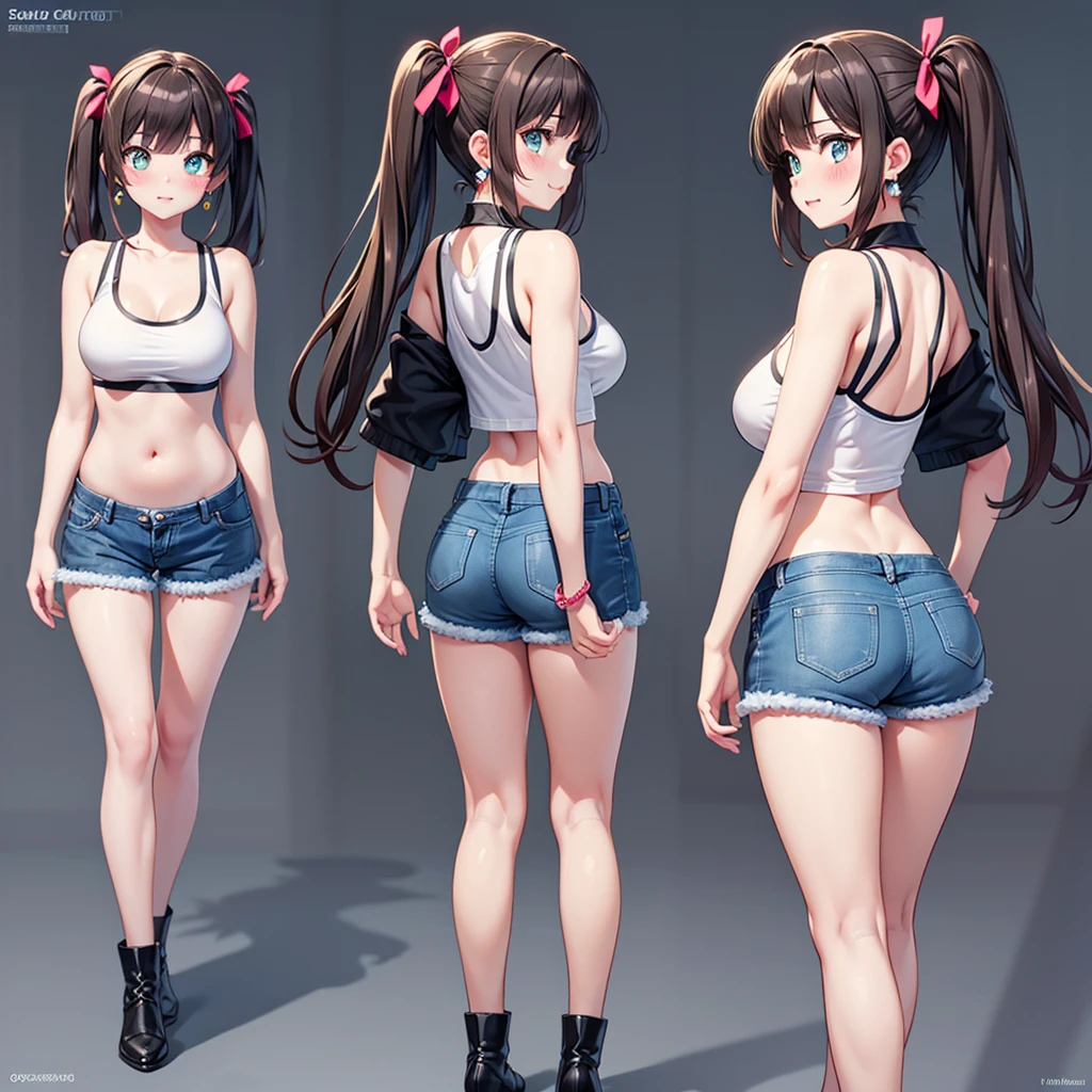 1girl armpits arms_up ass back barefoot bare_arms bare_back bare_shoulders bikini black_hair blue_bikini blue_eyes blush breasts cowboy_shot cutoffs denim denim_shorts from_behind hair_ornament hair_scrunchie halterneck highleg highleg_bikini legs_together long_hair looking_at_viewer looking_back medium_breasts micro_shorts ponytail scrunchie shorts simple_background solo standing swept_bangs swimsuit thighs wet white_background yellow_scrunchie