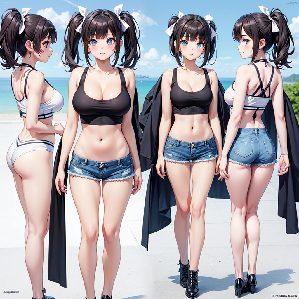 short black hair, cowgirl top, medium breast, sweaty cleavage, flare jeans pants