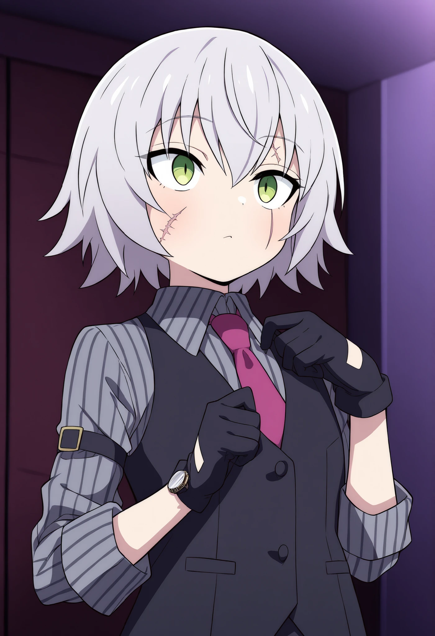1 Girl,  short hair, gray hair,  green eyes, scar on the face, Scars on the Cheeks,  scar on one eye ,  vest, black  vest, shirt, striped shirt, vertical-striped shirt, Arm band, tie, Gloves, adjusting tie, standing, interior, hall, Upper body, Watch the audience's masterpiece, Quality Best, amazing quality, very aesthetic, this absurd, high resolution, newest