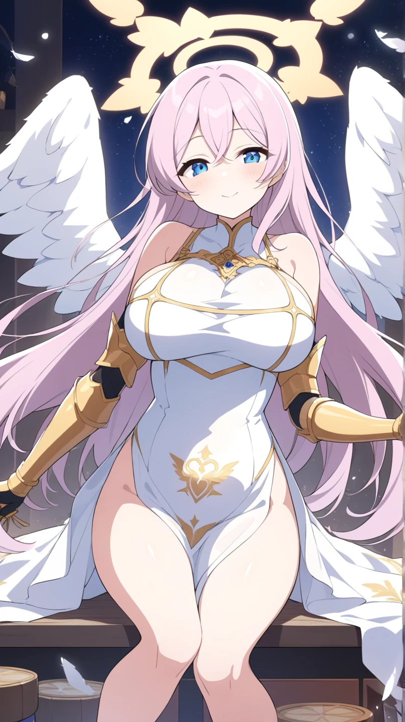 Heavenly Emperor, king of light, beautiful woman, Good shape, White Angel Dress, white skin, yellow eyes, long white hair, big breasts, Big butt.