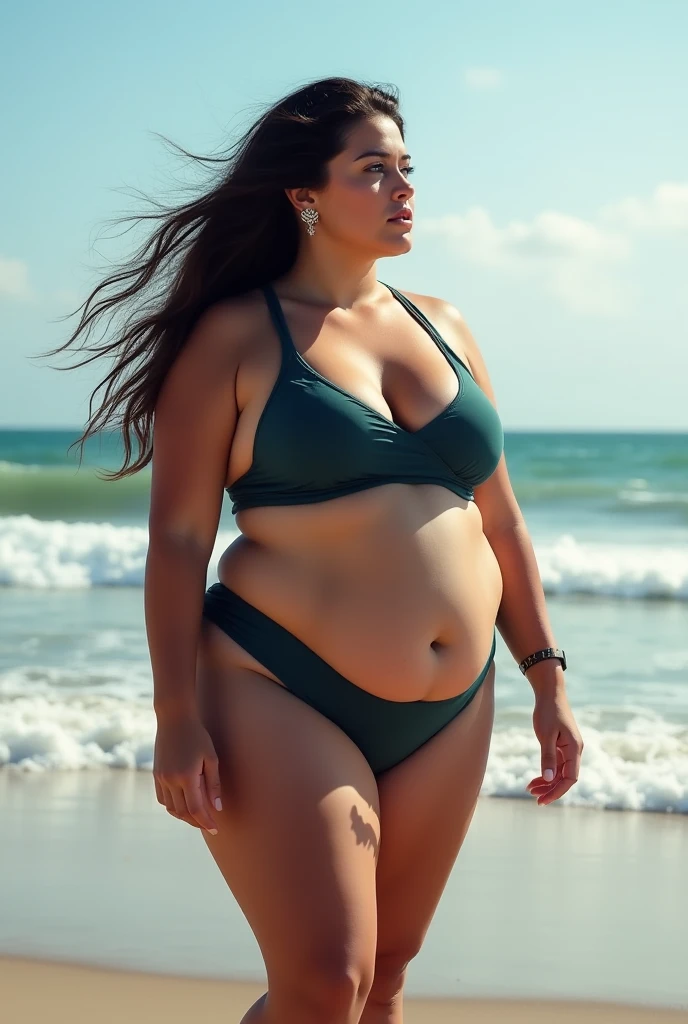 a chubby indian woman wearing micro bikini. momtherly nature. in a beach. full body fromt faceing. she have big chest and clveage. more bautiful.