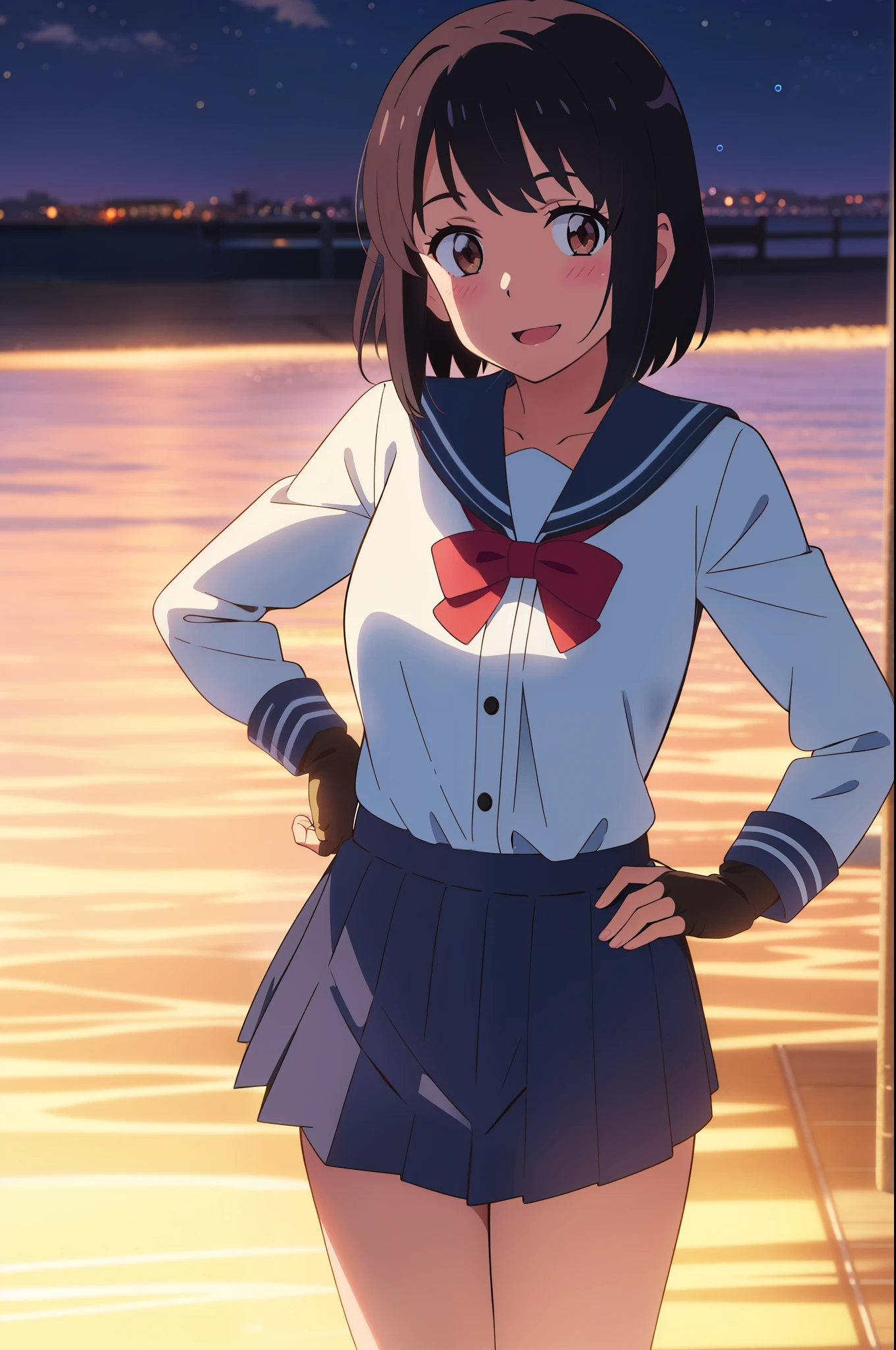 shinkai makoto, kimi no na wa., 1girl, bangs, black hair, blush, brown eyes, sky, cloudy, blue sailor collar, white sailor color, looking at the viewer, cowboy shot, red bow, red headband, red ribbon, cardigans, short hair, upper body, smile, cute, solo, shirt, blue pleated skirt, long sleeves, smile, open mouth, dynamic light, nightview, scenery, masterpiece, best quality, (intricate_details:1.2), (finely detailed:1.4), (distinct_image:1.2), colorful, beautiful